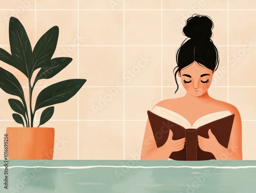 A beautifully illustrated digital painting depicting a young woman peacefully reading a book in a serene spa like indoor environment surrounded by lush greenery and soft muted earthy tones photo