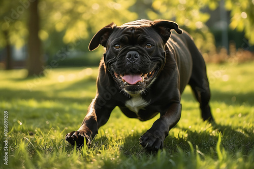 Photo of a happy black dog running in the grass