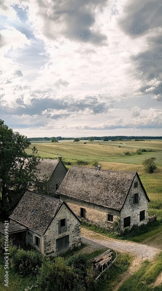 Fototapeta premium Serene landscape featuring rustic farmhouses surrounded by lush fields and a cloudy sky, capturing rural tranquility.