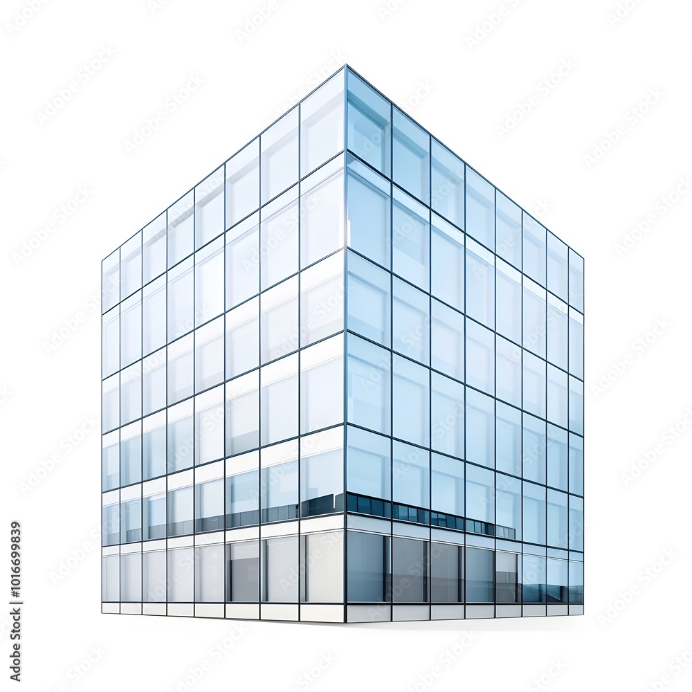Sleek Cube Shaped Building with Reflective Glass Facade Isolated on White Background Sleek Cube Shaped Building with Reflective Glass Facade Isolated on White Background