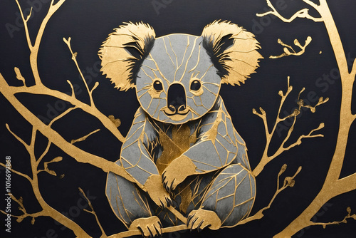 Fantasy abstract koala portrait illustration with golden decoration texture design, nature theme concept.
 photo