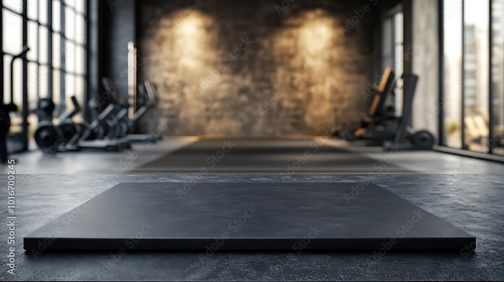 Black countertop with gym background for product. Empty tabletop with fitness room interior. Mockup platform for sports nutrition presentation.