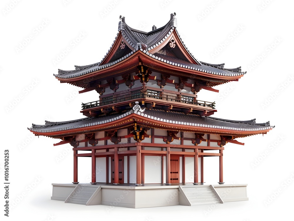 Fototapeta premium Intricate Japanese Pagoda on White Backdrop Iconic Asian Architecture Concept