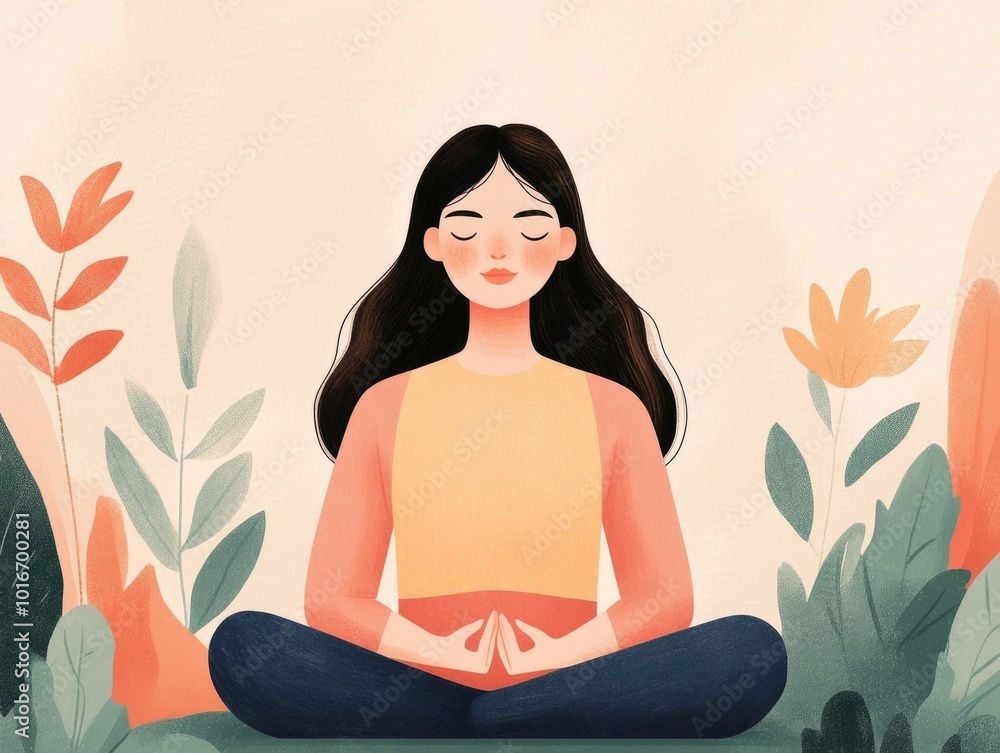 Hand drawn of a woman in a meditative pose surrounded by nature inspired elements in soft pastel hues and earthy tones This calming serene image is perfect for wellness center decor Hand drawn of a woman in a meditative pose surrounded by nature inspired elements in soft pastel hues and earthy tones This calming serene image is perfect for wellness center decor