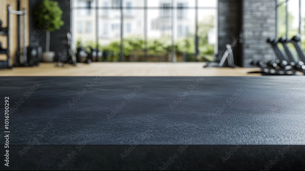 Black countertop with gym background for product. Empty tabletop with fitness room interior. Mockup platform for sports nutrition presentation. Black countertop with gym background for product. Empty tabletop with fitness room interior. Mockup platform for sports nutrition presentation.