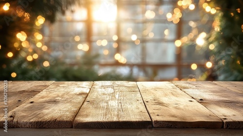 A bright and rustic wooden table is highlighted by the glowing bokeh lights of a sunset, creating a picturesque and serene atmosphere that feels timeless.