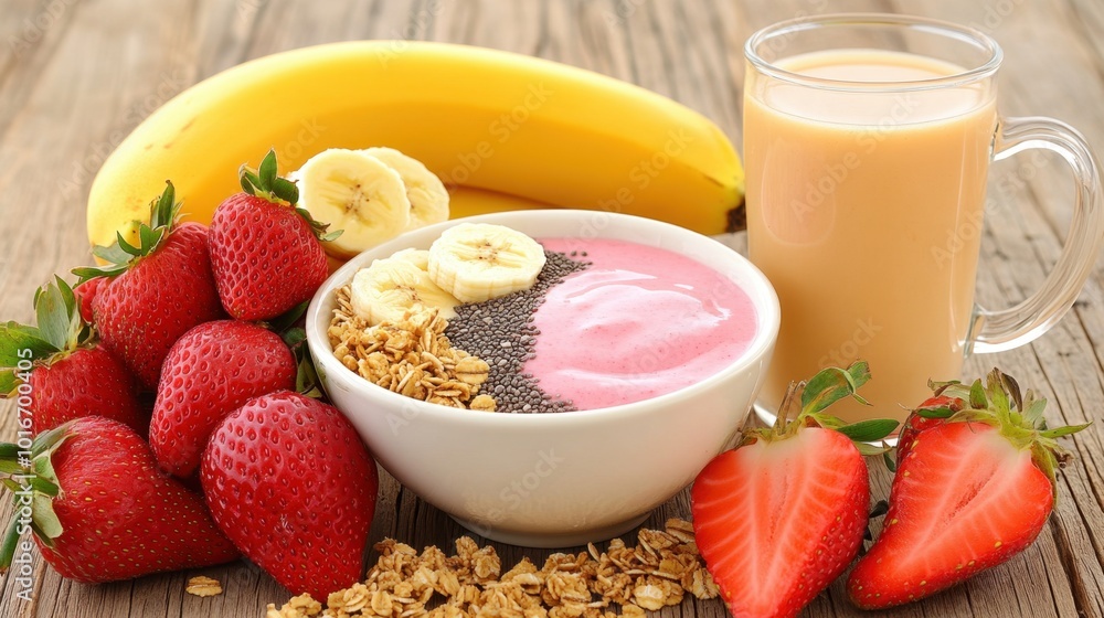 Strawberry Banana Smoothie Bowl with Chia Seeds and Granola Strawberry Banana Smoothie Bowl with Chia Seeds and Granola