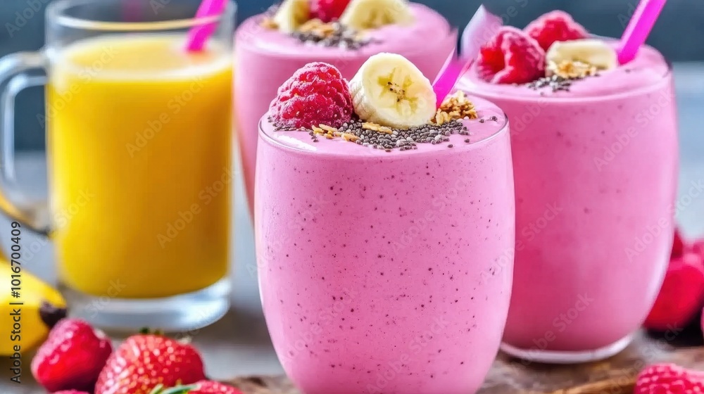 Delicious Raspberry Banana Smoothie with Chia Seeds and Granola Delicious Raspberry Banana Smoothie with Chia Seeds and Granola