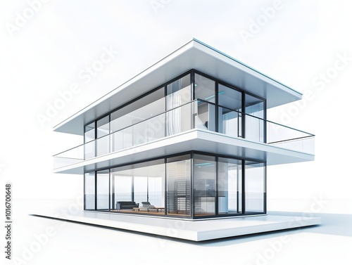 Minimalist Glass House with Floor to Ceiling Windows on White Background