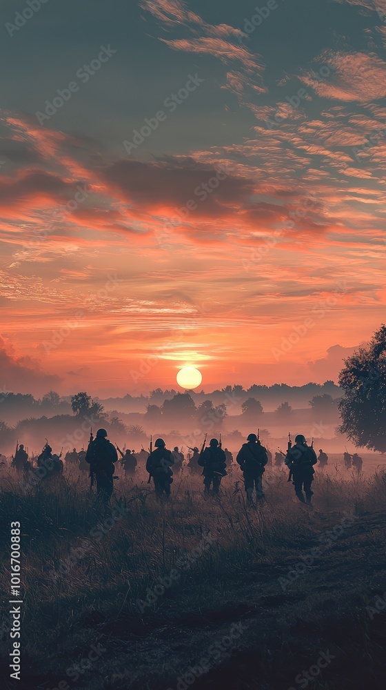Silhouetted soldiers march towards a breathtaking sunset, creating a powerful scene of determination against a vibrant sky. Silhouetted soldiers march towards a breathtaking sunset, creating a powerful scene of determination against a vibrant sky.