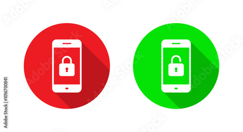 Lock and unlock padlock on cellphone screen icon with long shadow