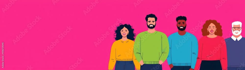 A colorful illustration of four diverse individuals standing together against a bright pink background. A colorful illustration of four diverse individuals standing together against a bright pink background.