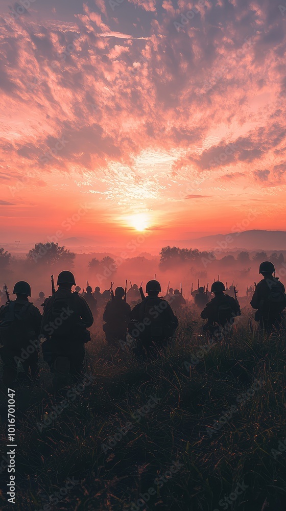 Fototapeta premium Silhouetted soldiers march towards a vibrant sunset, symbolizing strength, camaraderie, and the spirit of duty in a dramatic landscape.