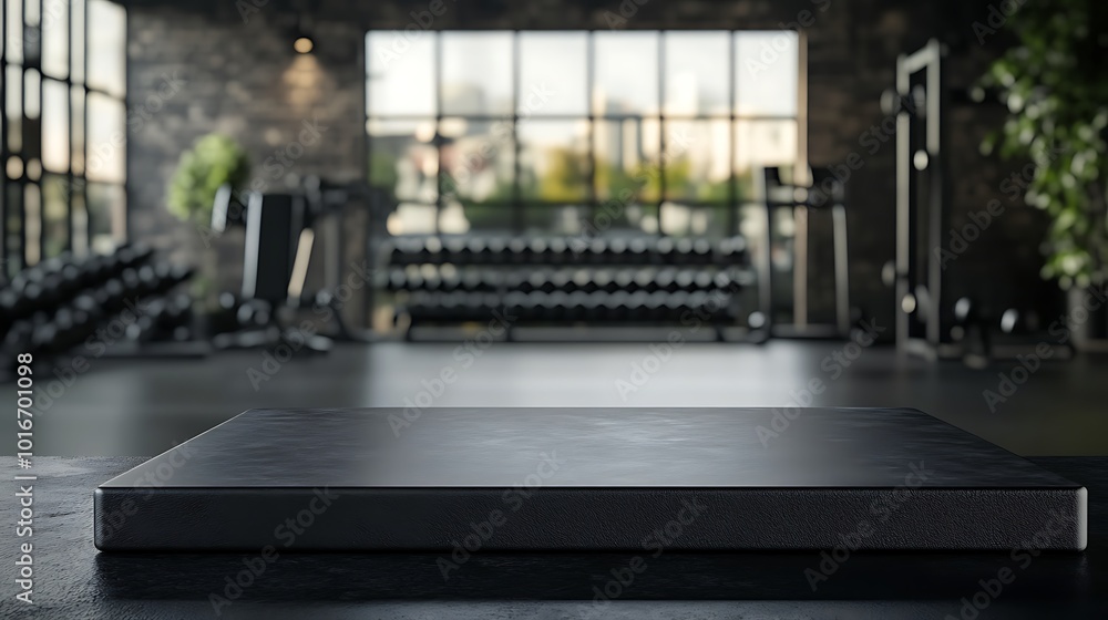 Black countertop with gym background for product. Empty tabletop with fitness room interior. Mockup platform for sports nutrition presentation. Black countertop with gym background for product. Empty tabletop with fitness room interior. Mockup platform for sports nutrition presentation.