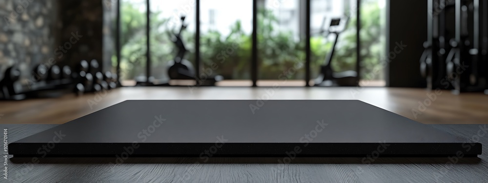 Black countertop with gym background for product. Empty tabletop with fitness room interior. Mockup platform for sports nutrition presentation. Black countertop with gym background for product. Empty tabletop with fitness room interior. Mockup platform for sports nutrition presentation.