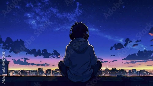 Animated virtual backgrounds cozy sad boy headphones sits city rooftop night sky, music watching distant city lights stars. lofi music 2D 4k Lofi Japanese manga Anime-style Looping hip hop Music Video