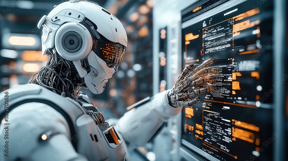 Futuristic robot operating on a digital interface with multiple screens displaying code in a high-tech environment, reflecting advances in AI and robotics. Futuristic robot operating on a digital interface with multiple screens displaying code in a high-tech environment, reflecting advances in AI and robotics.