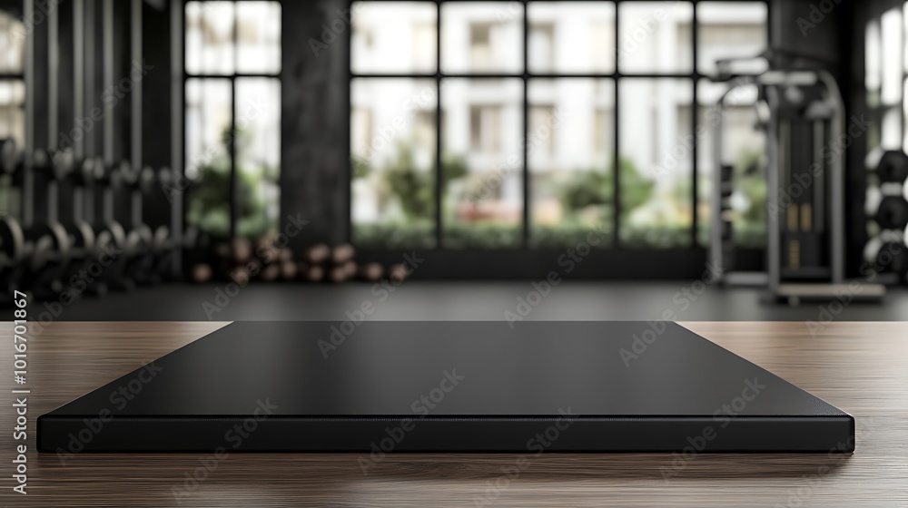 Black countertop with gym background for product. Empty tabletop with fitness room interior. Mockup platform for sports nutrition presentation. Black countertop with gym background for product. Empty tabletop with fitness room interior. Mockup platform for sports nutrition presentation.