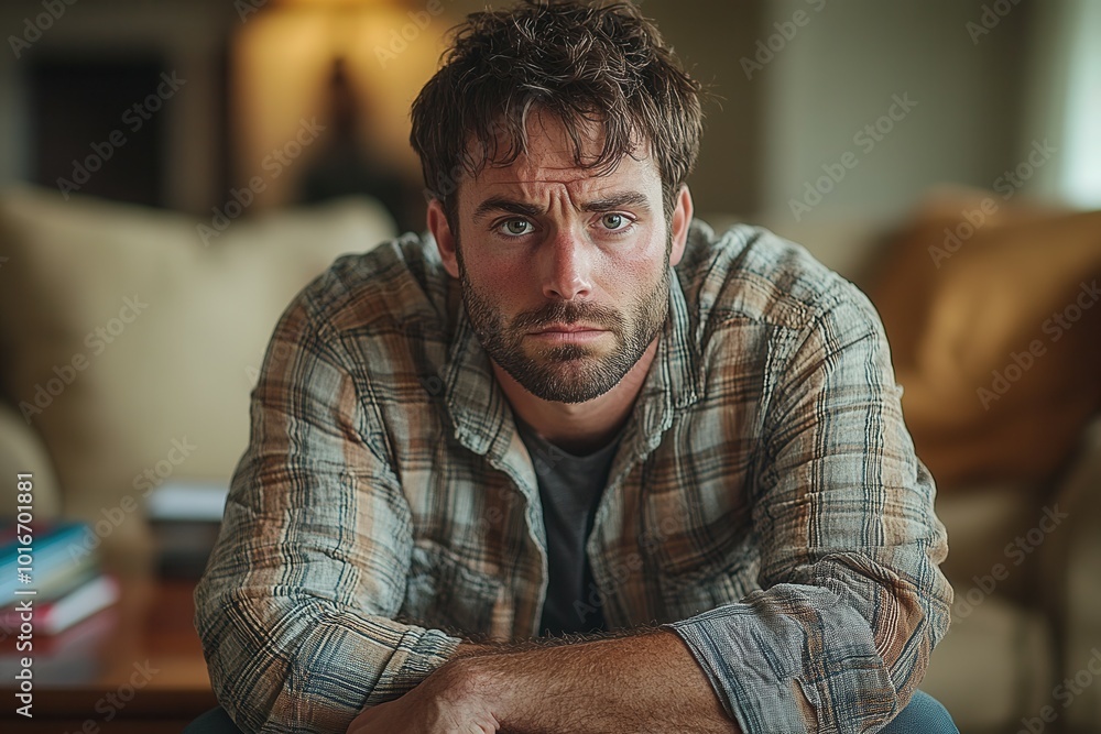 Obraz premium A man gazes intently with a serious expression, sitting in a cozy living room filled with warm light. His relaxed attire contrasts with his thoughtful demeanor, creating an inviting yet contemplative