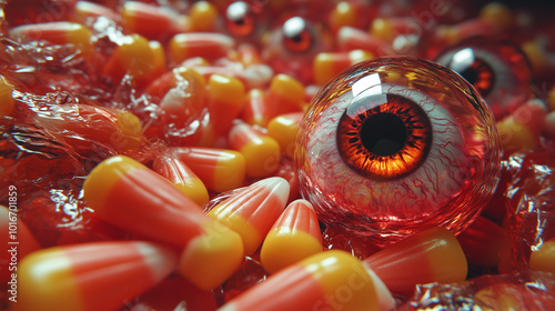 A hyper-realistic close-up of Halloween candy featuring candy corn mixed with detailed, creepy eyeballs. The vibrant colors and unsettling details create a perfect spooky Halloween treat scene. photo