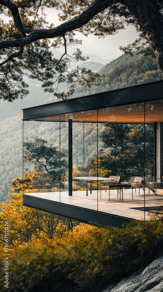 Fototapeta premium Stunning modern glass house perched in nature, surrounded by lush greenery and breathtaking mountainous views.