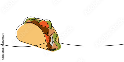 Taco tortilla with meat with vegetables one line colored continuous drawing. Traditional Mexican street fast food. Vector linear illustration.