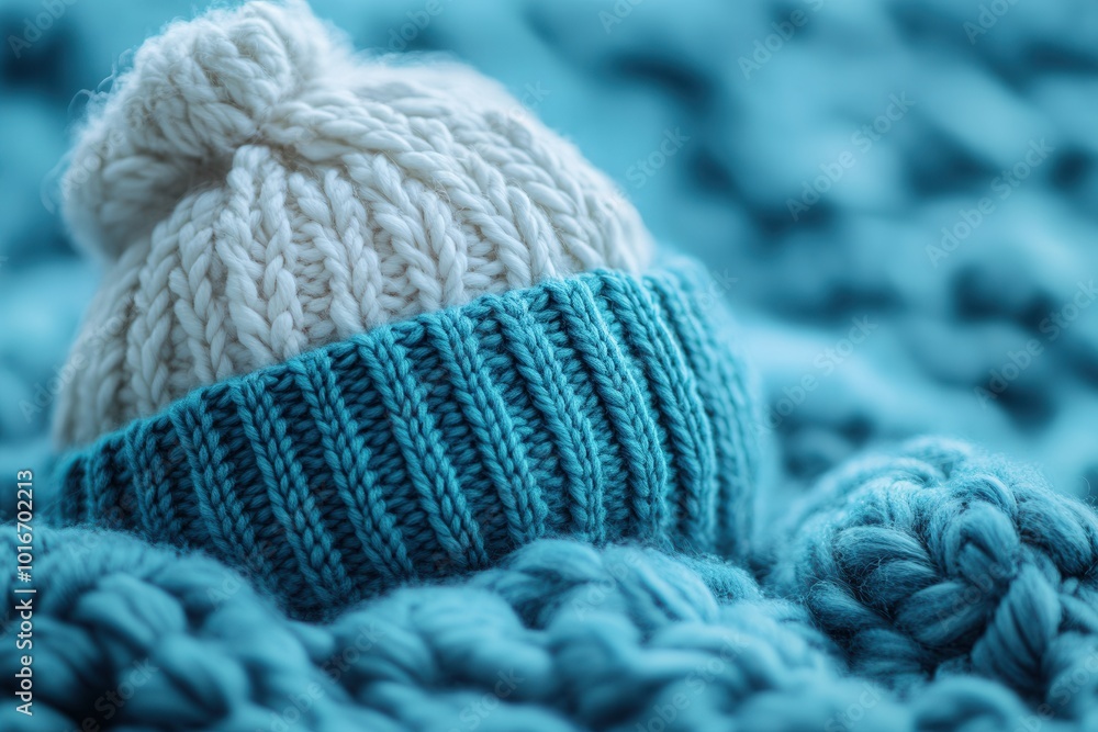 A knitted hat featuring a cozy white top and a turquoise brim is gently placed on a thick, textured blanket of the same color. The soft fabric enhances the inviting atmosphere of the indoor space, per A knitted hat featuring a cozy white top and a turquoise brim is gently placed on a thick, textured blanket of the same color. The soft fabric enhances the inviting atmosphere of the indoor space, per