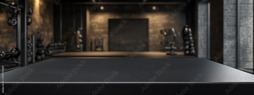 Black countertop with gym background for product. Empty tabletop with fitness room interior. Mockup platform for sports nutrition presentation. Black countertop with gym background for product. Empty tabletop with fitness room interior. Mockup platform for sports nutrition presentation.