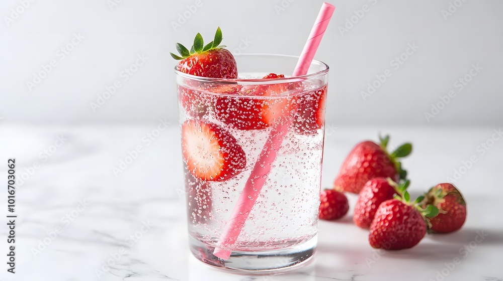 Refreshing Sparkling Water with Strawberries and Pink Straw Refreshing Sparkling Water with Strawberries and Pink Straw