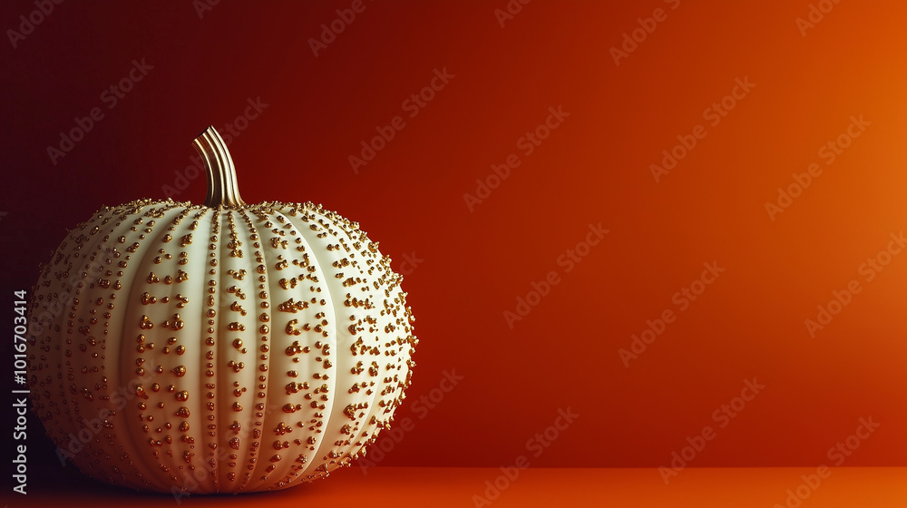 A minimalist white pumpkin covered in gold studs is set against a deep orange background. The clean lines and textured details create a striking and elegant Halloween display. A minimalist white pumpkin covered in gold studs is set against a deep orange background. The clean lines and textured details create a striking and elegant Halloween display.