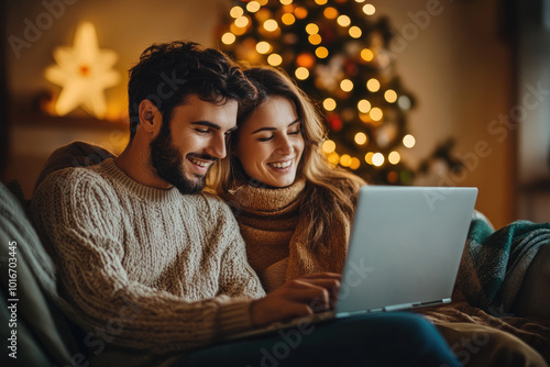 couple shopping online using laptop, sitting on sofa in living room, dim evening light, cozy blankets and Christmas tree in background. new year sale poster