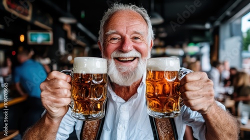 A cheerful senior man with white beard, wearing traditional attire, joyfully holding two frothy mugs of beer in a lively bar setting, symbolizing celebration and warmth.