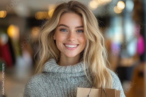 A young blonde woman enjoys her shopping experience while in a cozy sweater, with multiple bags at her side. The bright lighting emphasizes her happiness and the indoor shopping ambiance.