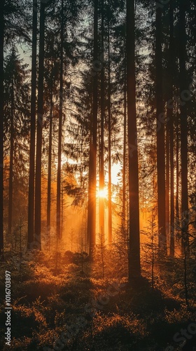 Sunlight filters through tall trees in a tranquil forest, creating a serene atmosphere filled with golden hues and natural beauty.