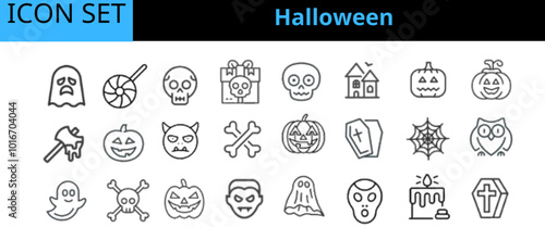 Halloween editable stroke outline Icons set. Pumpkin, ghost, spider, skull, bone,