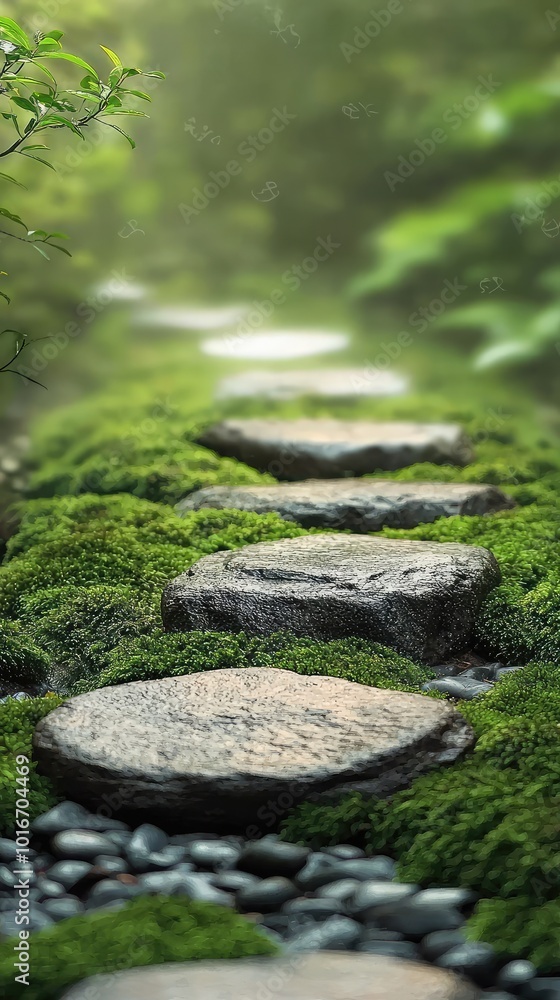Tranquil pathway with stepping stones surrounded by lush green moss and gentle light, inviting nature retreat. Tranquil pathway with stepping stones surrounded by lush green moss and gentle light, inviting nature retreat.