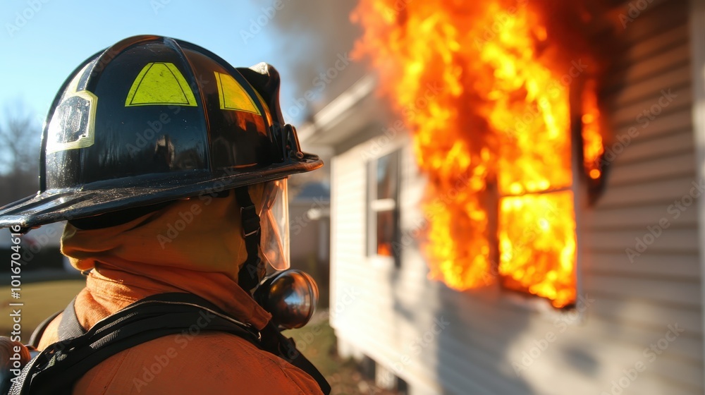 A firefighter stands ready in front of a building with a blazing window, showing the courage and readiness required to tackle dangerous situations. A firefighter stands ready in front of a building with a blazing window, showing the courage and readiness required to tackle dangerous situations.