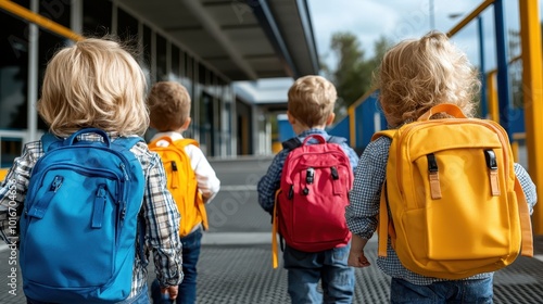 A group of young children wearing vibrant backpacks walks towards a school entrance, symbolizing the start of an educational journey filled with growth and exploration.