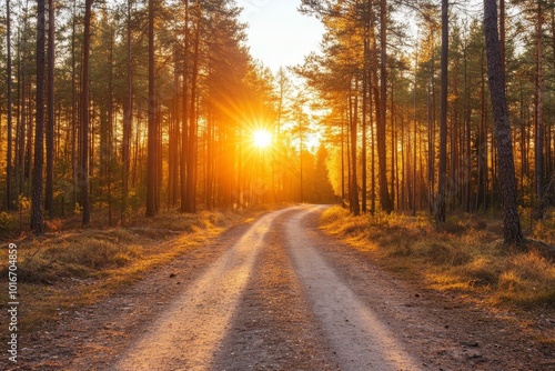 Stunning autumn forest at sunset with a country road. Colorful landscape with trees, road, orange, red leaves, sun. Travel. Autumn background.