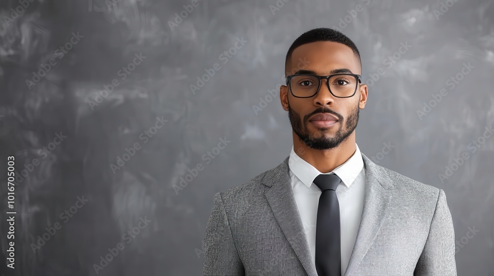 Confident businessman in formal suit with glasses, standing against a gray background. Ideal for corporate and professional themes Confident businessman in formal suit with glasses, standing against a gray background. Ideal for corporate and professional themes