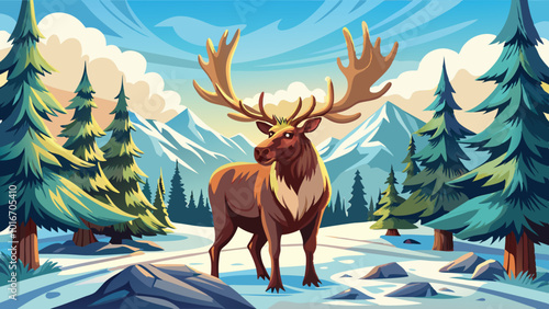 A large male moose with massive antlers standing in a snowy forest with pine trees in the background