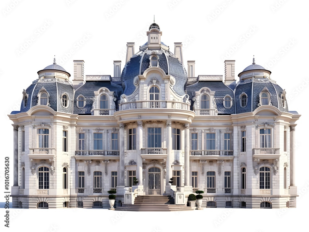 Fototapeta premium Majestic Palatial Estate with Sprawling Wings and Ornate Central Dome on White Background
