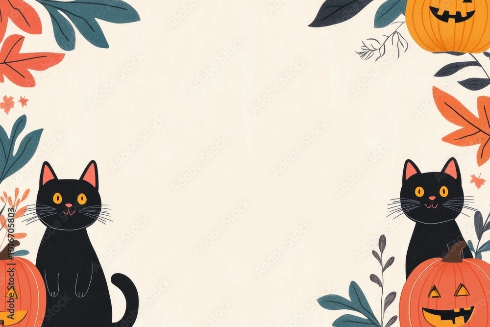 Spooky cartoon pumpkins and black cats decorating the sides of a