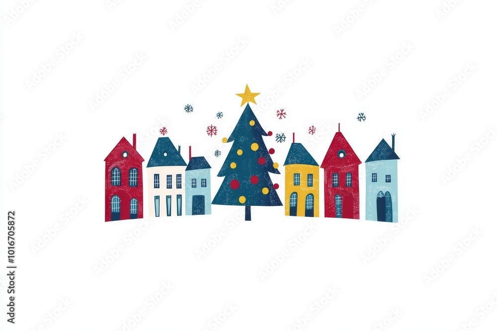 A festive Christmas card showing a Christmas tree against a background of snowfall, a city with cozy houses, towers, carousels, and fairground tents. A festive Christmas card showing a Christmas tree against a background of snowfall, a city with cozy houses, towers, carousels, and fairground tents.