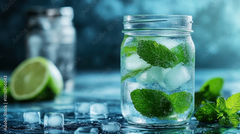 Chilled mint-infused water served in a mason jar is adorned with fresh mint leaves, providing a clear view of ice cubes that add to the drink’s refreshing allure. Chilled mint-infused water served in a mason jar is adorned with fresh mint leaves, providing a clear view of ice cubes that add to the drink’s refreshing allure.