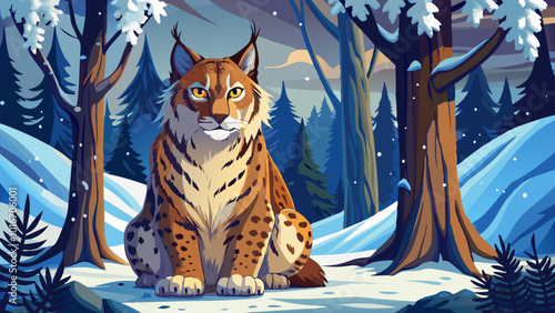 A lynx with a thick, spotted coat sitting on a snowy forest floor, looking alert and focused