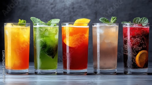 A vibrant array of five different beverages in tall glasses, each garnished with fresh fruits and leaves, set against a neutral background exuding refreshment and flavor.