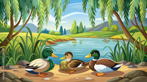Three mallard ducks resting on the shore of a pond with a willow tree in the background