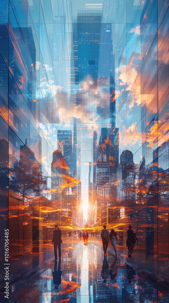 Obraz premium Abstract double exposure of modern skyscrapers with blue glass, a business concept background. High-rise buildings with transparent windows. Luxury corporate architecture for real estate and financial