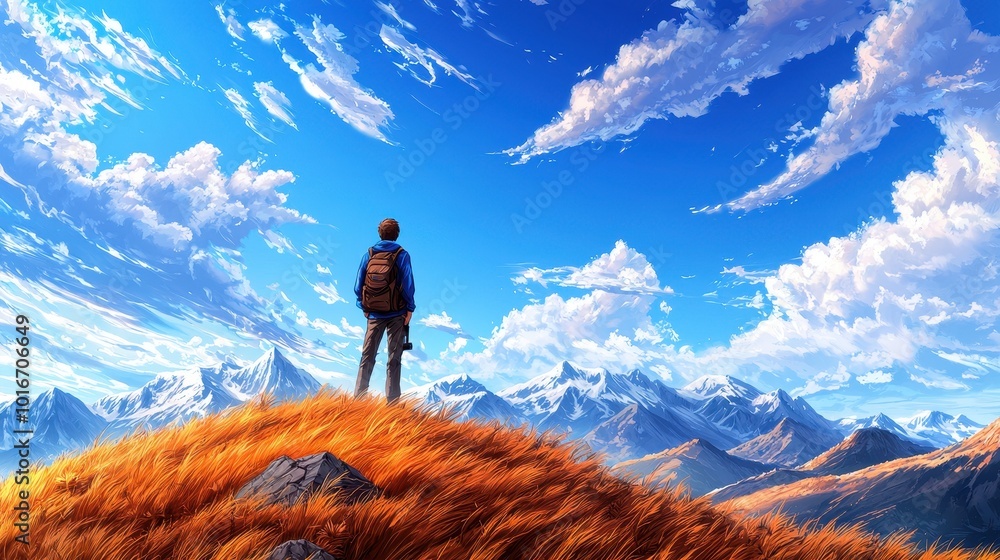 Geographer on Hill Overlooking Scenic Landscape Geographer on Hill Overlooking Scenic Landscape